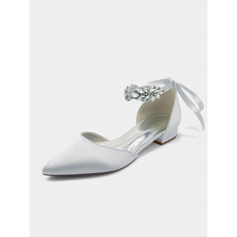 Champagne Satin Crystal Ankle Strap Flats – Elegant Low Heel Wedding & Bridesmaid Shoes for Women2