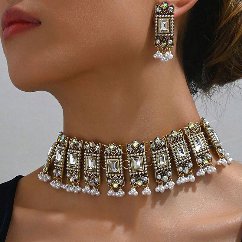 Ethnic style alloy gem necklace earrings 2-piece retro Heavy Industry pearl fringe head jewelry2