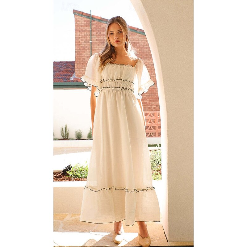 Retro Vintage Medieval Renaissance Midi Dress Puff Sleeve Regency Inspired Solid Color Fancy Dress Women's Fantasy Wedding Vacation Casual Daily Adults' Spring & Summer2