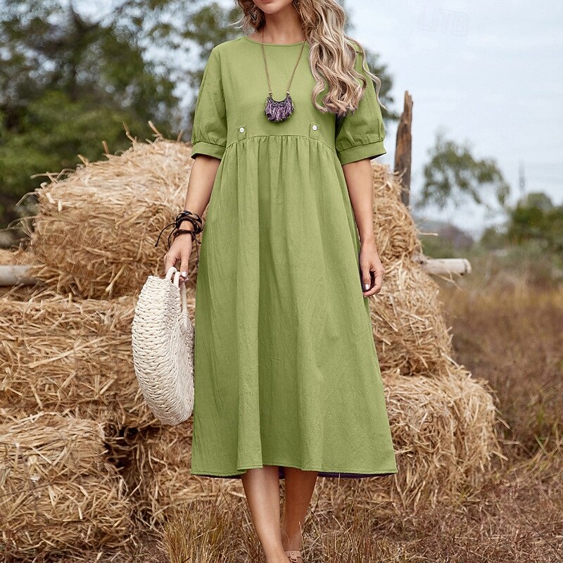 Women's Midi Dress Linen-Inspired Dresses Casual Dress Cotton Linen Dress Fashion Basic Outdoor Daily Holiday Regular Fit Plain Short Sleeve Crew Neck Light Green Army Green Purple Summer4
