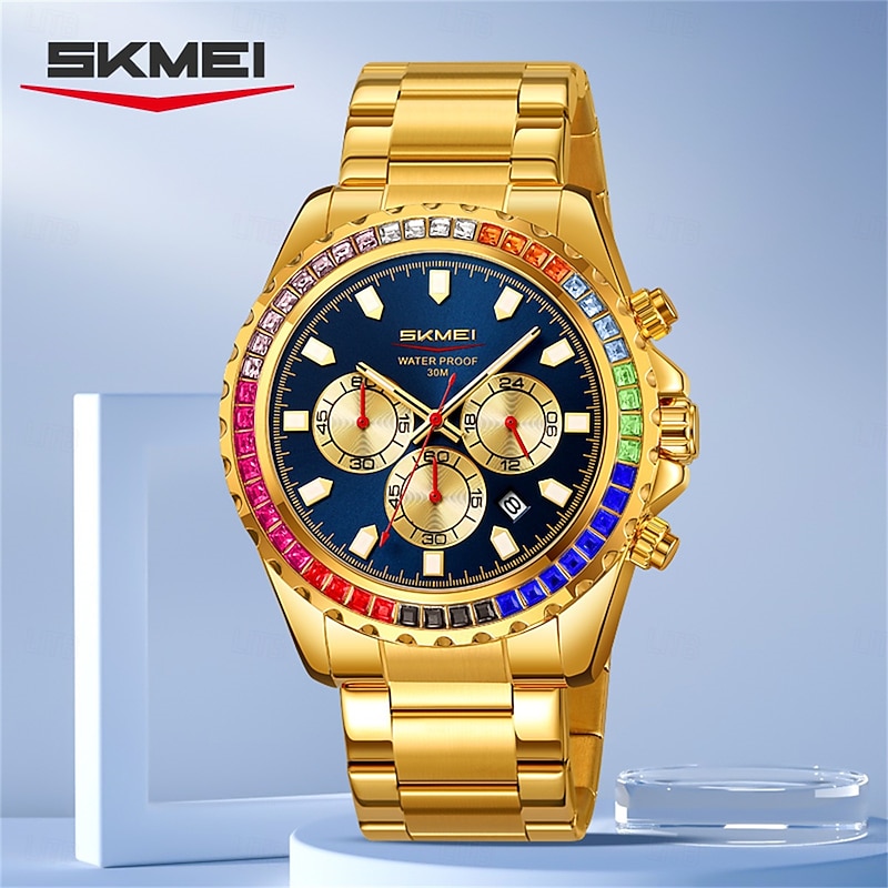 SKMEI Men's Watch with Diamond Studded Rainbow Circle Three Eye Six Pin Multifunctional Quartz Watch