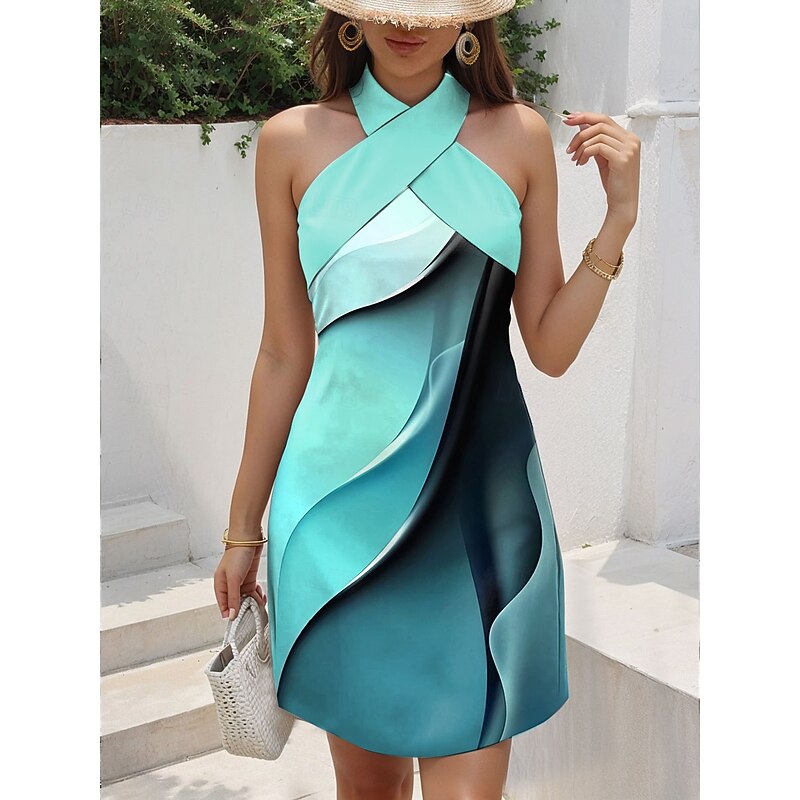 Women's Mini Dress T Shirt Dress Tee Dress Sundress A Line Dress Vacation Casual Going out Regular Fit Ombre Graphic Geometric Sleeveless Halter Neck Pink Blue Purple Green Summer3