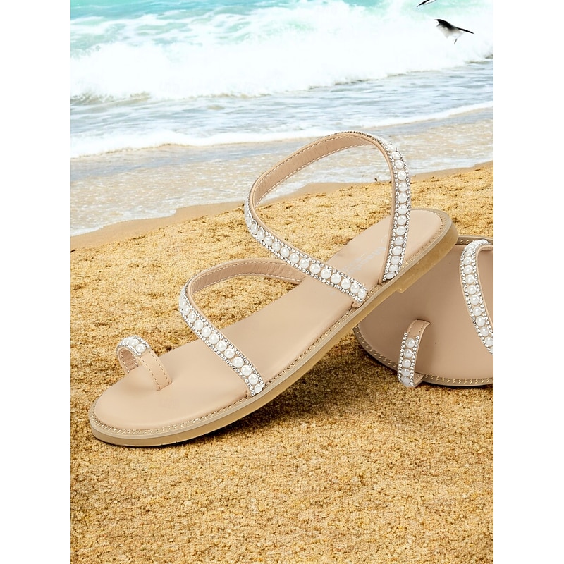 Women's Pearl Strappy Flat Sandals – Elegant Rhinestone Beach Sandals for Summer, Weddings, and Casual Outings2