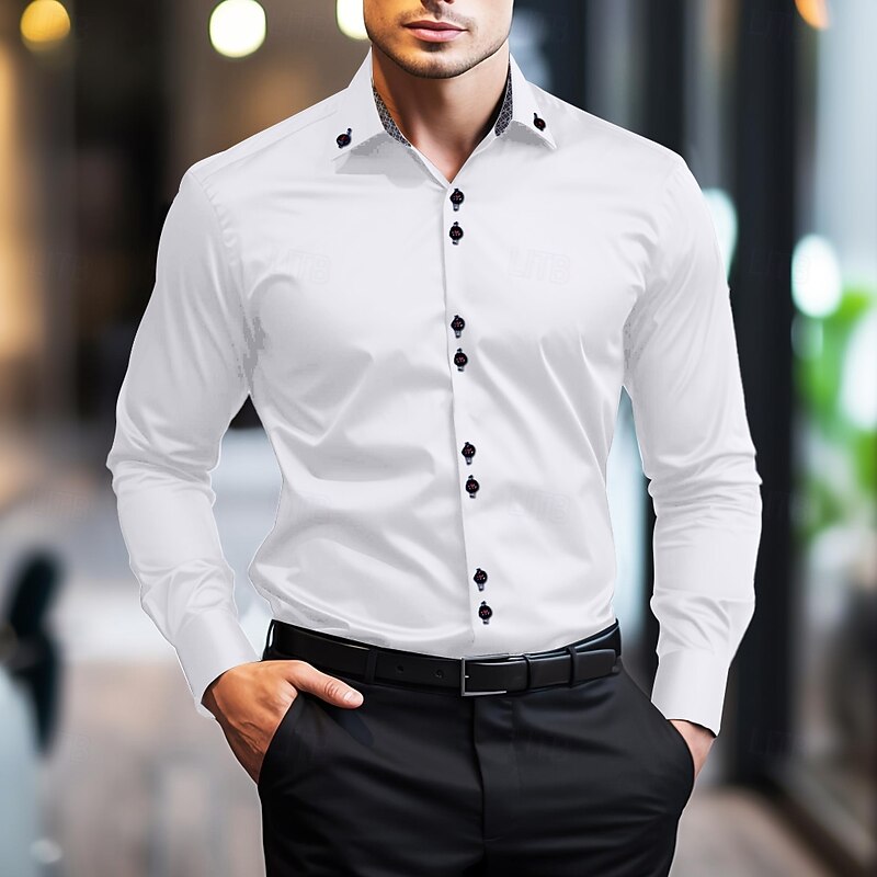 Men's Dress Shirt Plain Wedding Work Light Blue Black White Long Sleeve Spread Collar Summer Spring Clothing Apparel4