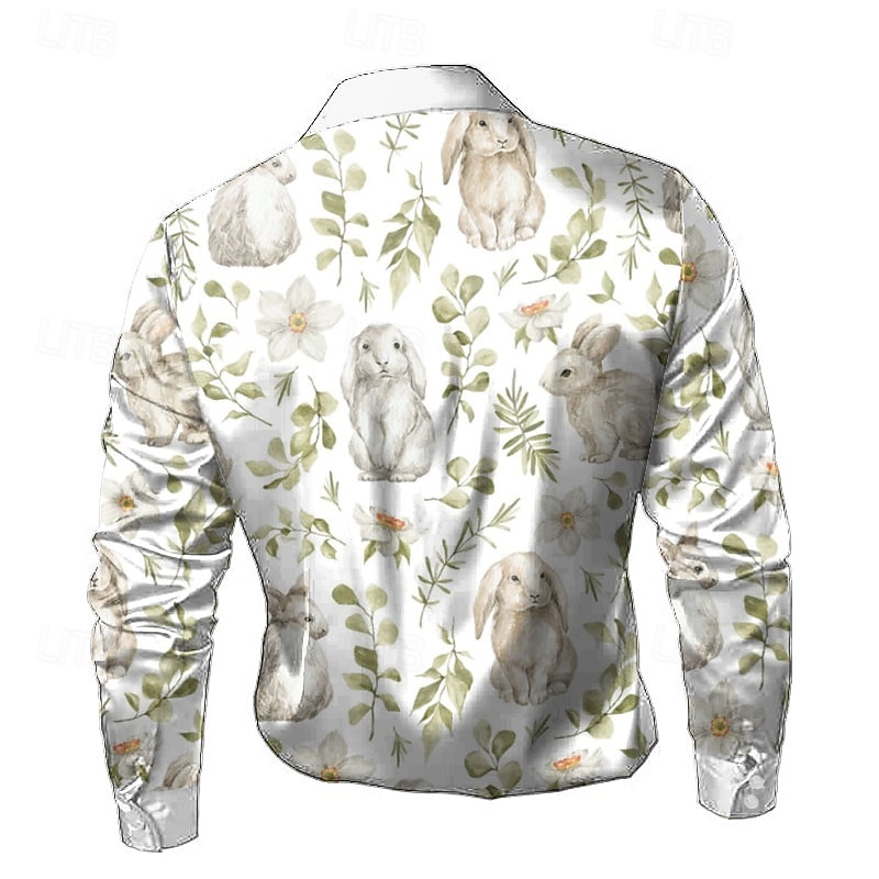 Easter Men's Bunny Lily Flowers Satin Shirt Dress Shirt Button Up Shirt Long Sleeve Fashion Casual Vacation Holiday Summer Spring Turndown Collared Shirts 3D Print White2
