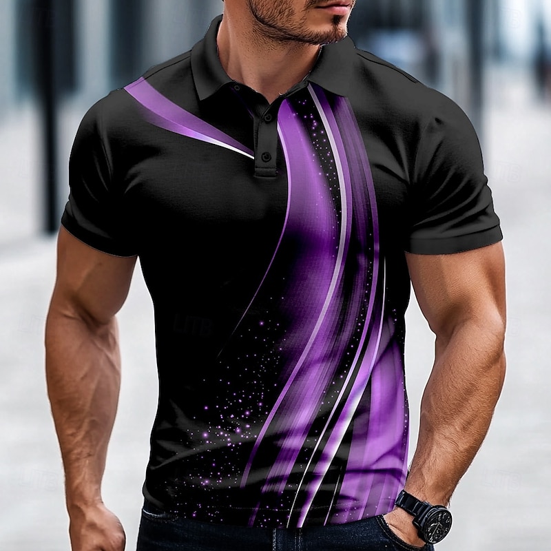 Men's Geometic Line Polo Short Sleeve Polo Shirts Collared Shirts Casual Outdoor Business Daily Wear 3D Print Summer Spring Fall Blue Purple Brown3