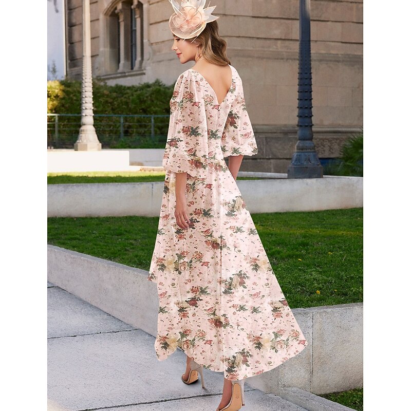 A-Line Mother of the Bride Dress Floral Print Elegant Vintage Simple V Neck Floor Length Chiffon 3/4 Length Bubble Sleeve with Pleats Details and 3D Flowers Wedding Guest Dress3
