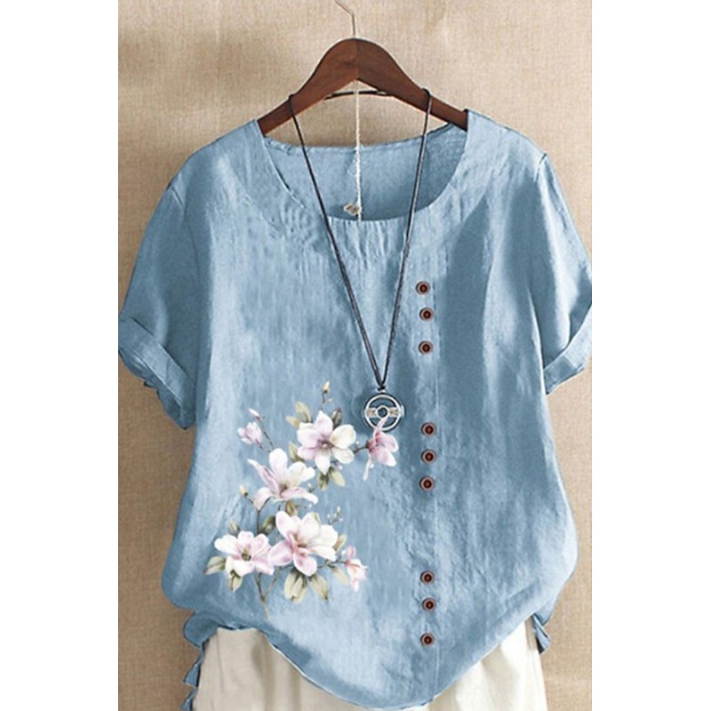 Women's Blouse Cotton Linen Shirts Flower Basic Modern Short Sleeve Crew Neck Regular Tops Daily Holiday Going out Buttons Print White Yellow Light Green Pink Army Green Summer
