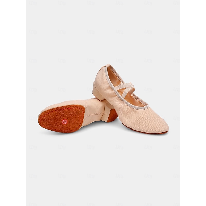 Beige Canvas Ballroom Dance Shoes for Women – Low Heel Elastic Strap Pumps for Professional Practice