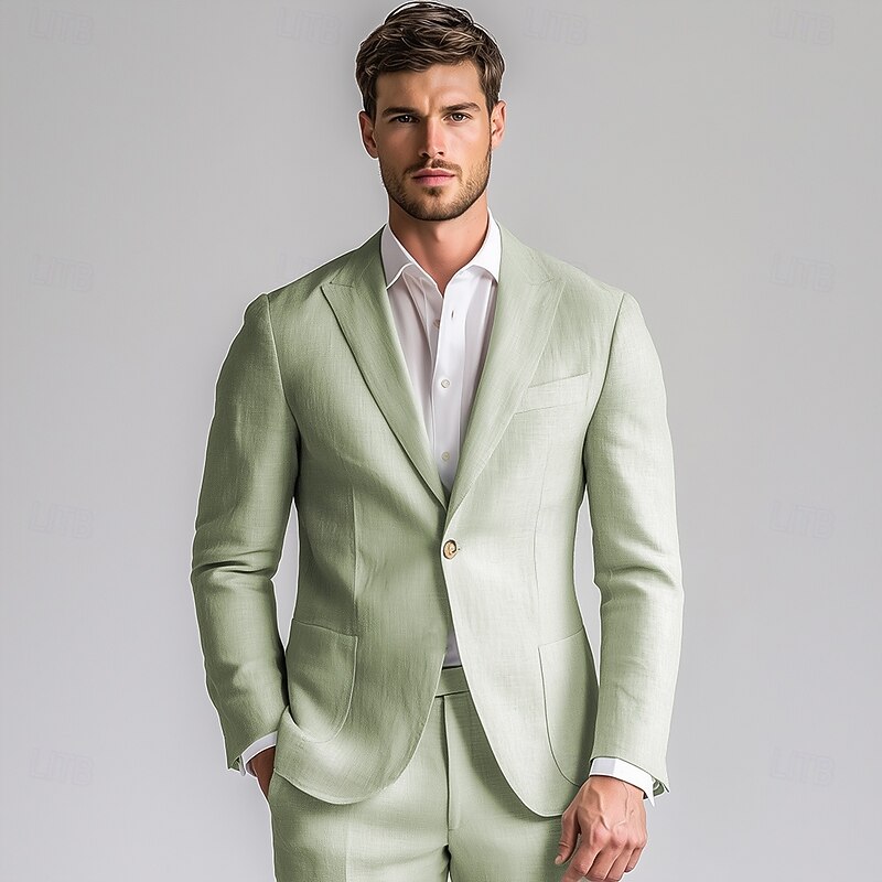 Men's Wedding Business Linen Suits Peaked Lapel Sage Fashion Casual Solid Colored Standard Fit 2 Piece Single Breasted One-button2