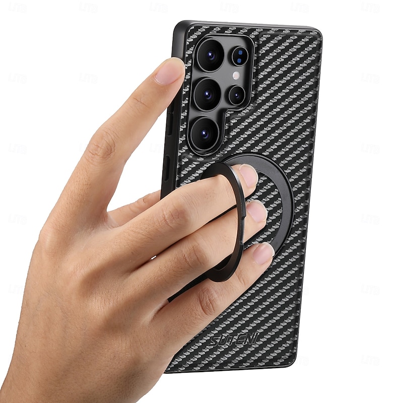 Phone Case For Samsung Galaxy S25 S24 S23 Ultra Plus S22 Plus  Ultra Back Cover with Stand Holder Magnetic Support Wireless Charging Retro TPU Carbon Fiber PC3