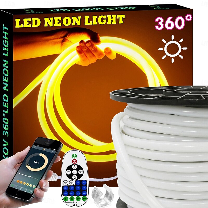 360 Neon LED Strip Light with Bluetooth APP Music Sync Timing 10-132 Feet Flexible/Waterproof/LED Rope Light 23key Remote Control Suitable for Home/Garden/Building Decoration DIY Decoration AC220V
