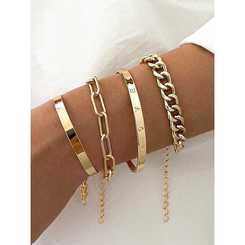 Gold Chain Bracelet Set for Women – Minimalist Stackable Bangles, Elegant Link and Engraved Love Bracelets, Fashion Jewelry for Parties and Everyday Wear2