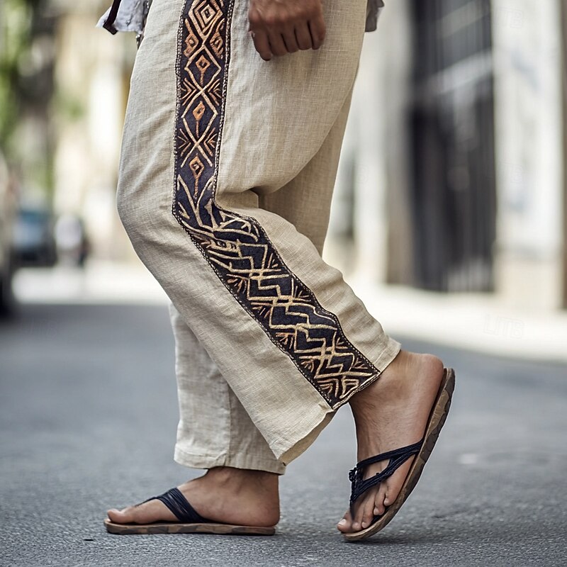 Men's Linen Pants Trousers Summer Pants Drawstring Elastic Waist Straight Leg Plain Comfort Breathable Full Length Casual Daily Holiday Fashion Classic Style Beige