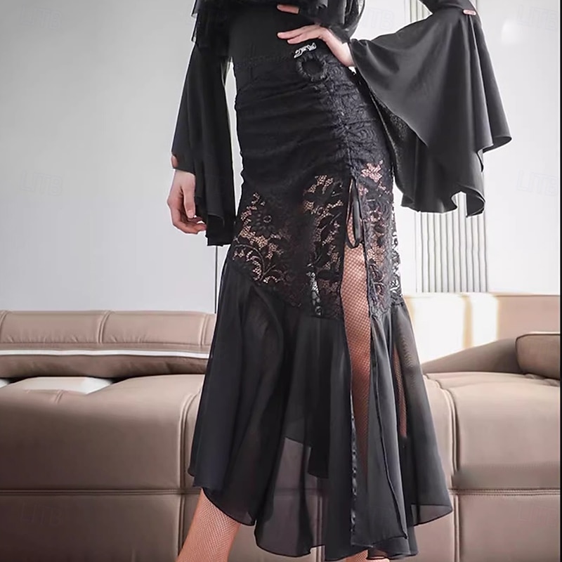 Ballroom Dance Skirts Lace Ruffle Splicing Women's Performance Training Chiffon Crystal Cotton4