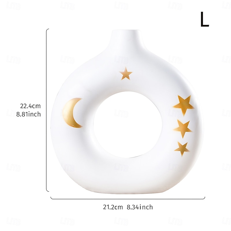 White Circular Resin Vase with Gold Star and Moon Accents – Islamic Festival Centerpiece for Ramadan, Eid, and Home Decor – Elegant Flower Holder for Entryway, Table, and Celebration2