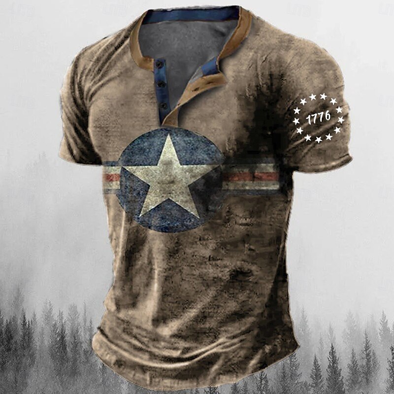 Men's Graphic Star Henley Shirt Tee Short Sleeve 3D Print Fashion Designer Comfortable Outdoor Casual Daily Summer Blue Brown Green Army Green Henley Henley T-Shirt