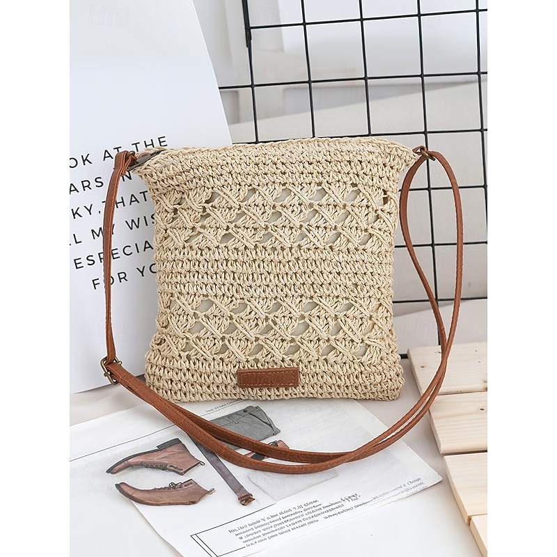 Handwoven Straw Crossbody Bag for Women โ Boho Rattan Shoulder Bag with Adjustable Strap, Lightweight Summer Beach Purse for Vacation, Travel & Casual Outings Army Green Brown Khaki