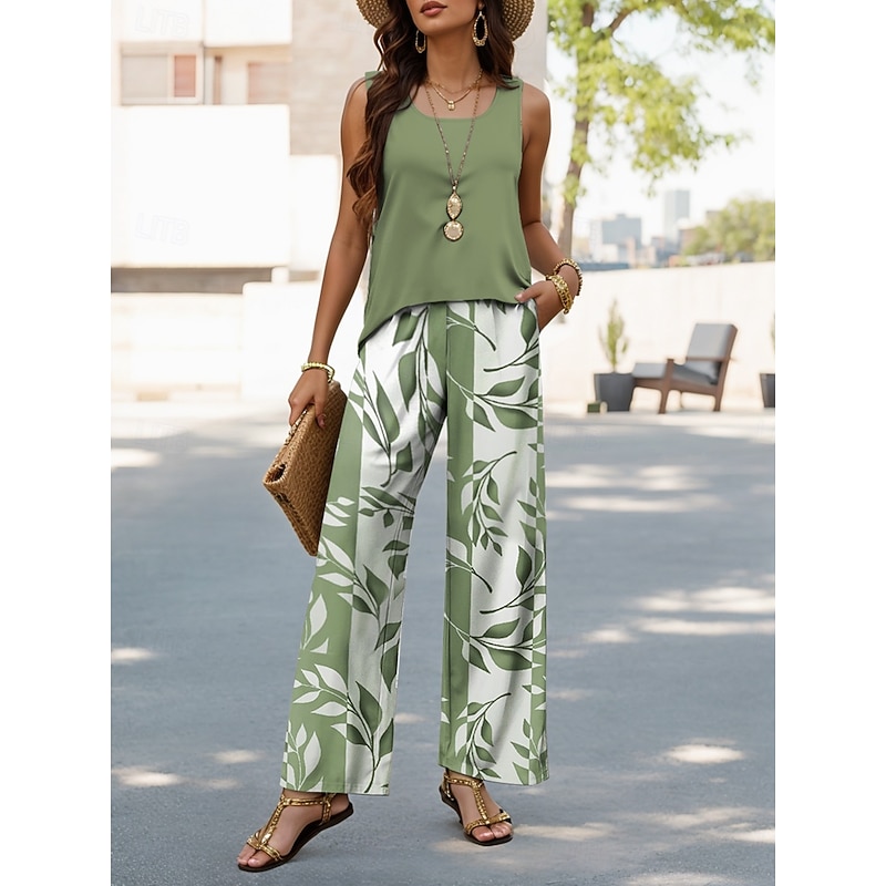 Women's Pants Sets Vacation Fashion Daily Sleeveless U Neck Graphic Geometric Casual Daily Weekend Blue Green Khaki Summer Regular Fit
