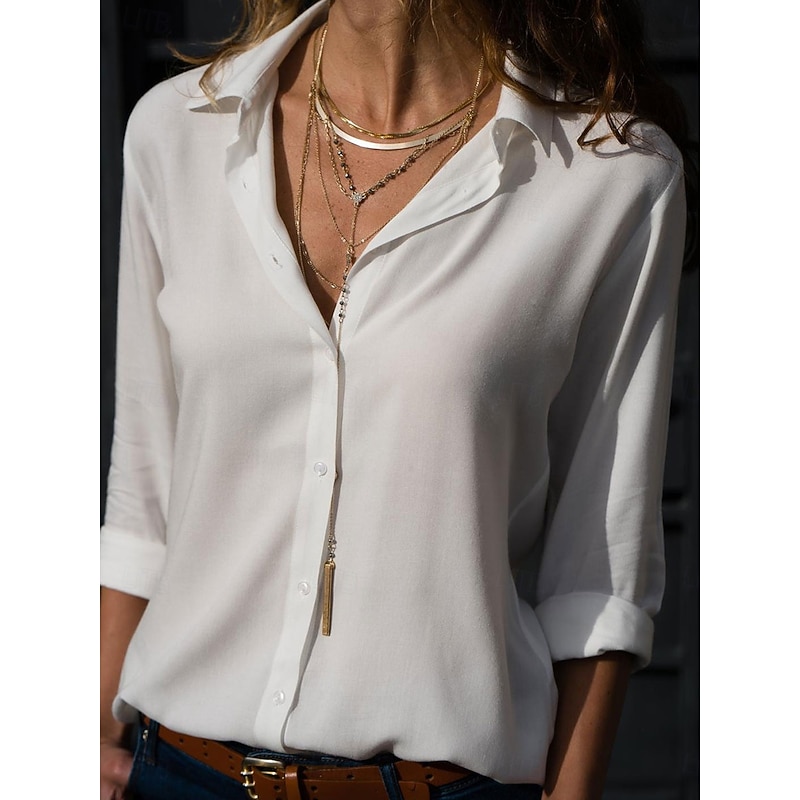 Women's Shirt Button Down Blouse Solid Color Stylish Basic Casual Long Sleeve Shirt Button Down Blouse Collar Regular Tops Work Daily Buttons Black White Yellow Light Blue Summer Spring