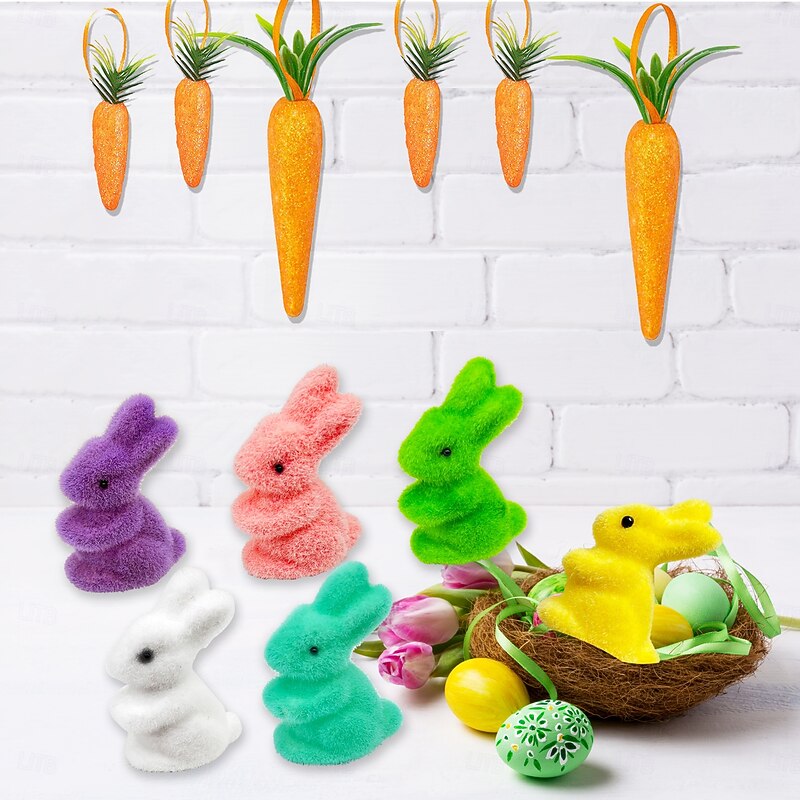 24pcs/set Easter Foam Flocked Bunny Ornaments Set, Glitter Carrot Hanging Decorations Set, Festive Party Decor for Easter Tree, Home, Spring Celebration2