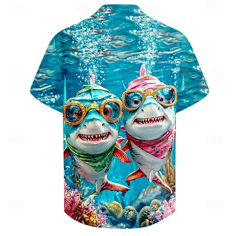 Men's Shark Ocean Sea Creatures Shirt Cuban Collar Shirt Summer Hawaiian Shirt Short Sleeve Hawaiian Vacation Holiday Beach Wear Summer Spring Camp Collar Shirt 3D Print Blue2