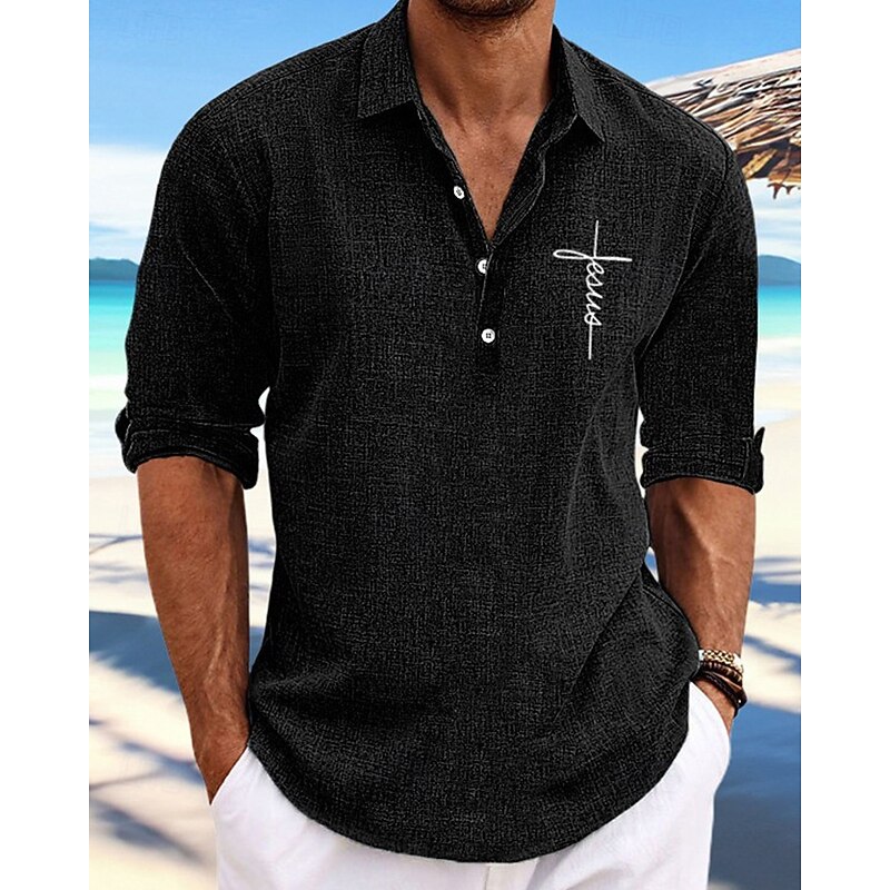 Men's Shirt Popover Shirt Summer Shirt Casual Shirt Beach Shirt Black Sky Blue khaki Gray Long Sleeve Cross Lapel Vacation Hawaiian Button-Down Clothing Apparel Fashion Casual Comfortable2
