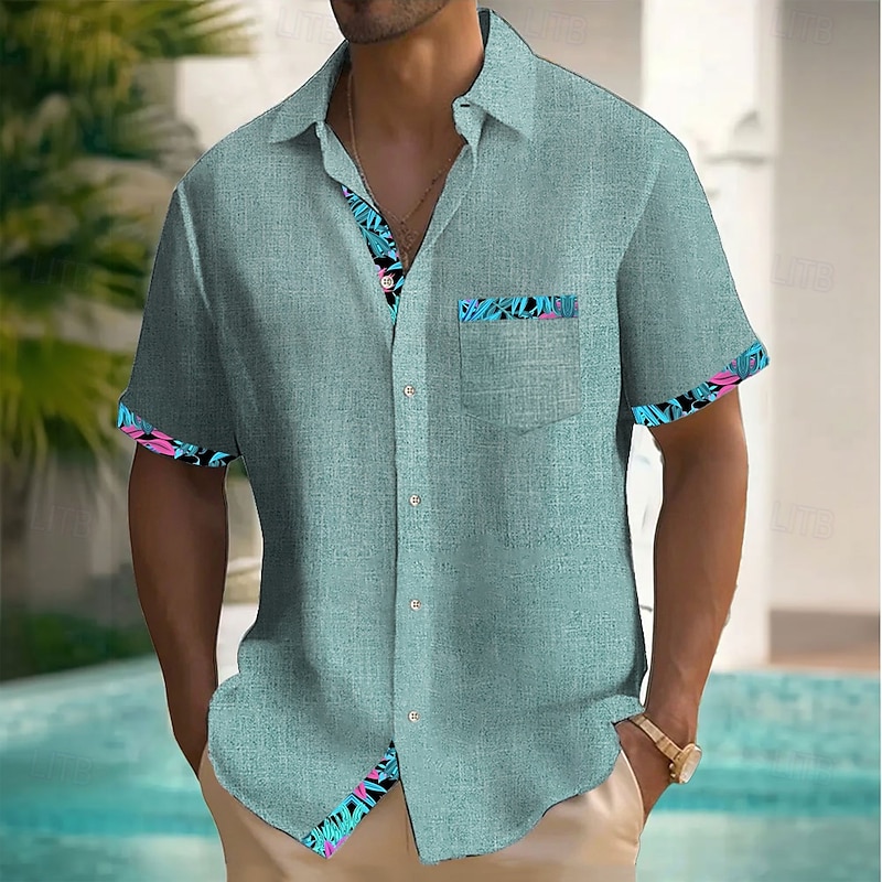 Men's Tropical Plants Linen Shirt Summer Hawaiian Shirt Button Up Shirt Short Sleeve Hawaiian Resort Vacation Holiday Beach Wear Summer Spring Turndown Collared Shirts Front One Pocket Pink Light2