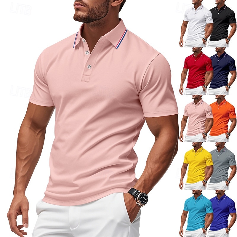 Men's Golf Shirt Pique Polo Shirt Business Casual Ribbed Polo Collar Short Sleeve Fashion Basic Solid Color Buttons Summer Spring &  Fall Regular Fit Light Pink Black White Yellow Light Green Red