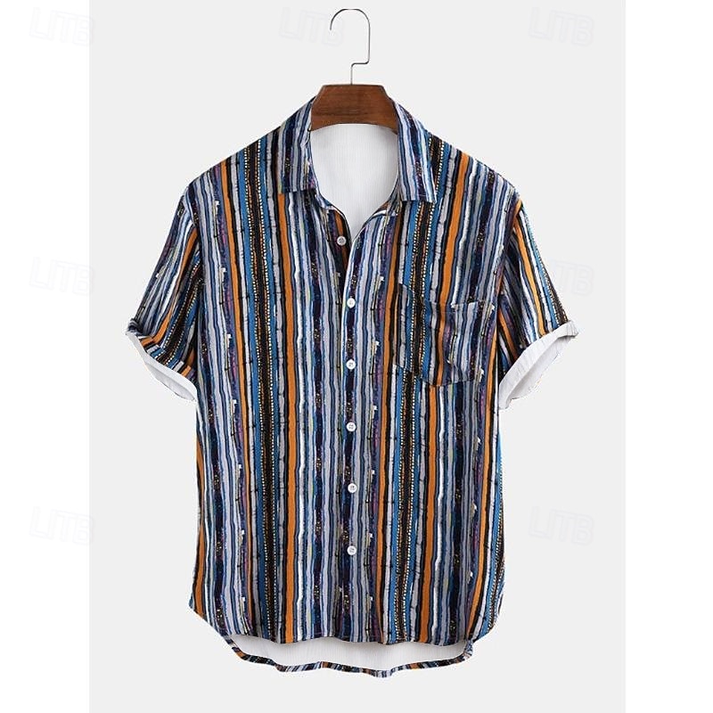 Men's Stripes Button Up Shirt Short Sleeve Vintage Hawaiian Dailywear Causal Casual Summer Spring Collared Shirts Pocket 3D Print Yellow Blue Green3