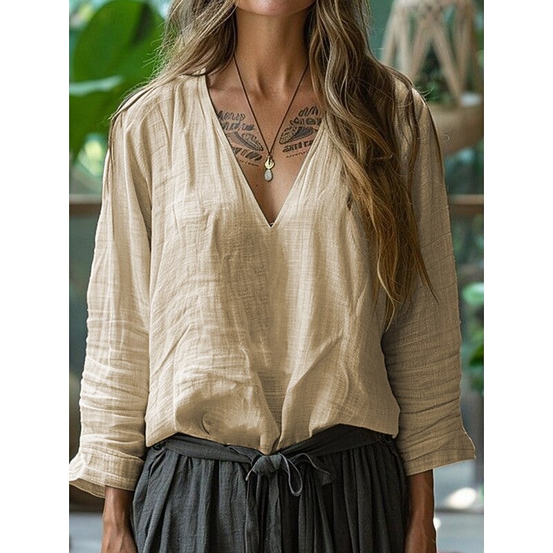 Women's Linen-Inspired Shirts T Shirt Blouse Plain Elegant Casual Long Sleeve V Neck Regular Tops Daily Going out Weekend Pink Army Green Khaki Light Blue Summer Spring Fall