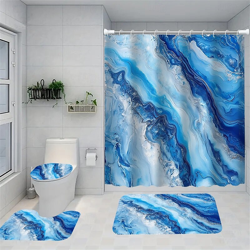 Marble Pattern Shower Curtain Set, 180cm*180cm(70"*70") 4-Piece Abstract Design, Waterproof Polyester with Non-Slip Bathroom Mat, Toilet Lid Cover, Rug, Includes 12 Hooks for Bathroom Decor3