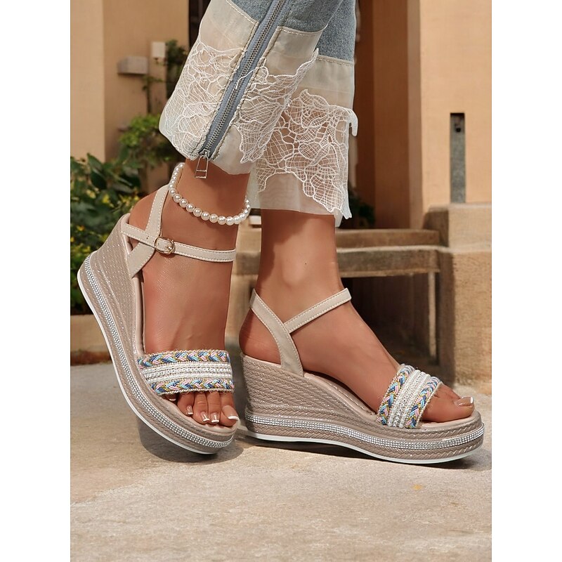 Women's Bohemian Wedge Sandals – Braided Strappy Espadrille Platform Sandals with Ankle Strap for Summer Beach and Casual Wear