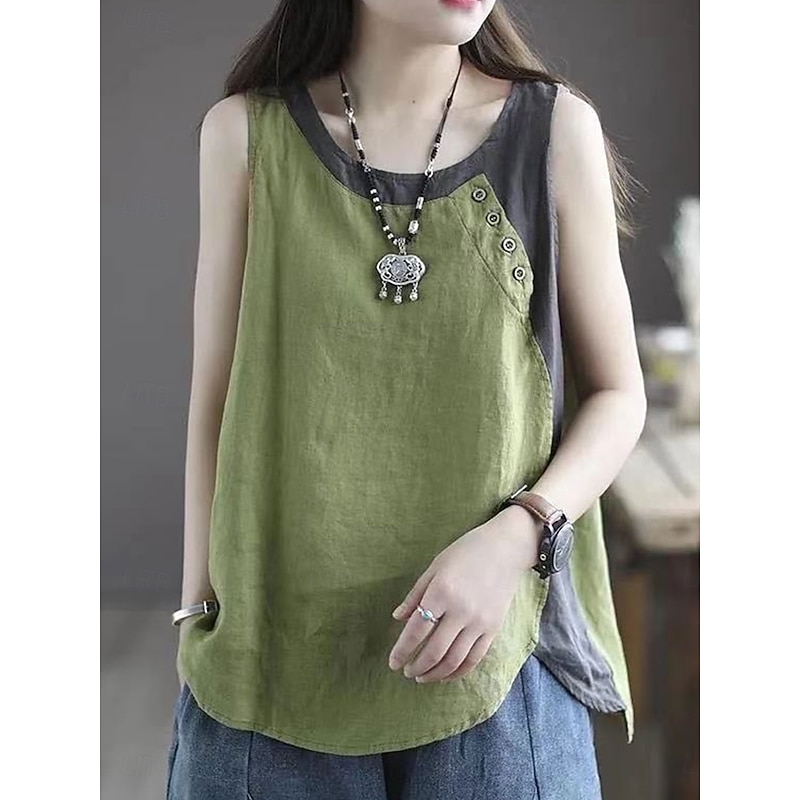 Women's Camisole Tank Top Color Block Vintage Daily Stylish Sleeveless Crew Neck Regular Tops Daily Buttons Pink Red Green Gray Summer Spring