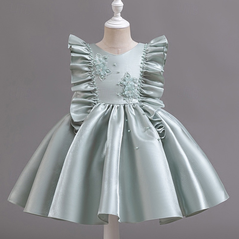 Toddler Girls' Party Dress Floral Sleeveless Wedding Party Ruched Zipper Tie Knot Cute Princess Polyester Knee-length Party Dress Summer Spring Fall 4-7 Years White Champagne Light Green