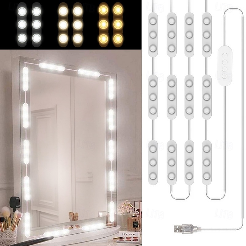 LED String Lights for Mirror Hollywood Style Vanity Lights with 10 bulbs 20 bulbs USB 3 Color Modes Dimmable Makeup Table Light for Dressing Room Bathroom2