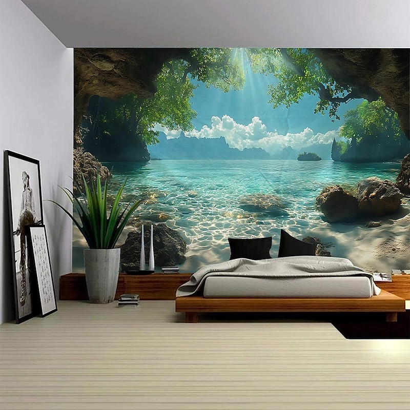 A Rock Cave With Sea View Tapestry Wall Art Large Tapestry Mural Decor Photograph Backdrop Blanket Curtain Home Bedroom Living Room Decoration4