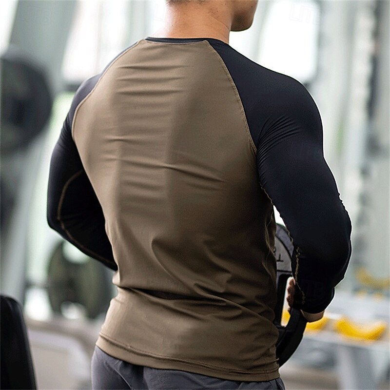 Men's Gym Shirt Compression Shirt Fitness Shirt Crew Neck Long Sleeve Casual Daily Gym Quick dry High Stretch Sweat wicking Patchwork Color Block Navy Blue Blue Hot Stamping Activewear Polyester2