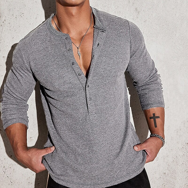 Men's Button T Shirt T Shirt Henley Shirt Tee Long Sleeve Henley Summer Spring Plain Fashion Designer Basic Buttons Vacation Street Going out Apricot Navy Blue Light Grey Top Tee for Men