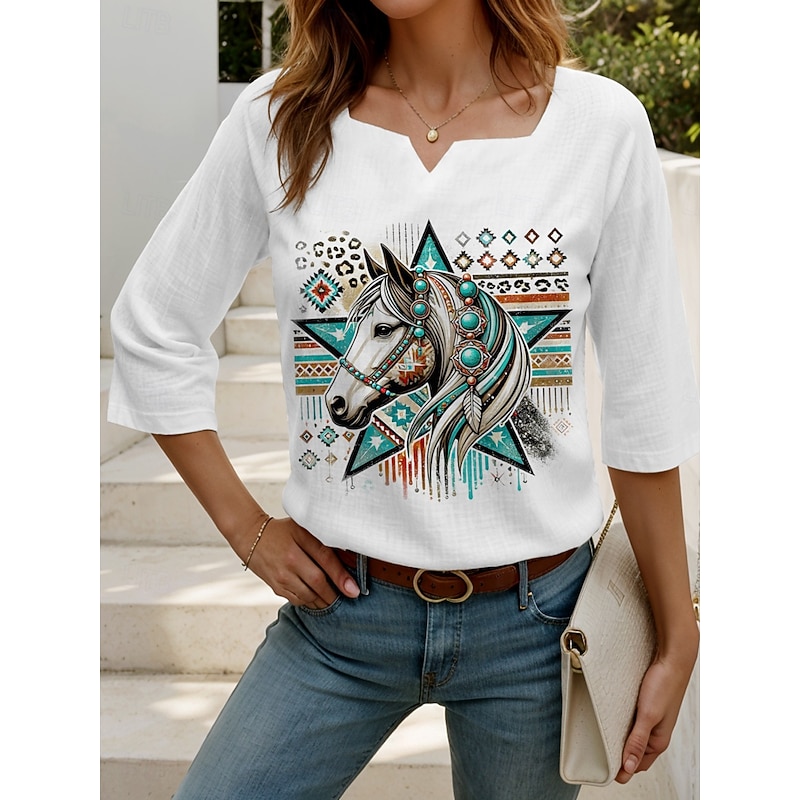 Women's Blouse Graphic Animal Elegant Bohemia 3/4 Length Sleeve Notched Neck Regular Tops Daily Linen Like Going out Print White Summer