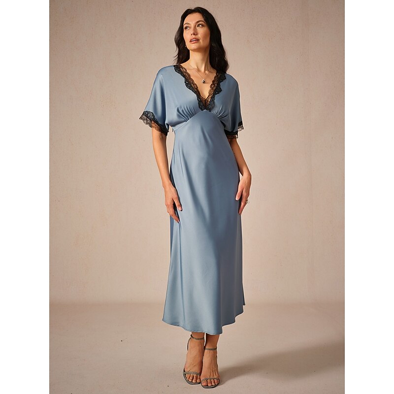 Women's Maxi Dress Sheath Dress Elegant Stylish Wedding Party Daily Loose Fit Solid Color Short Sleeve V Neck Blue Summer