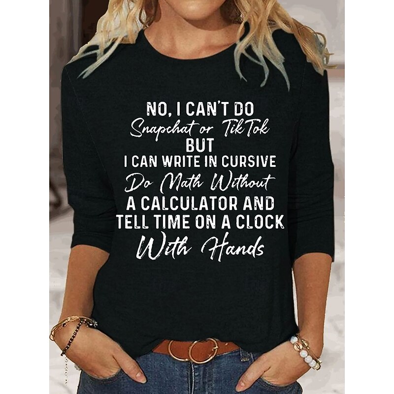 Women's T shirt Crew Neck Long Sleeve Tunic Graphic Letter Casual  Regular Tops Daily Print Black Blue Khaki Spring Fall2