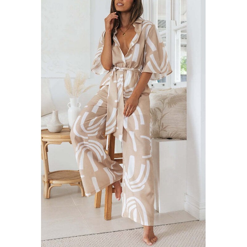 Women's Normal Jumpsuit Stylish Floral Half Sleeve Shirt Collar Print Street Holiday Regular Fit Khaki Summer