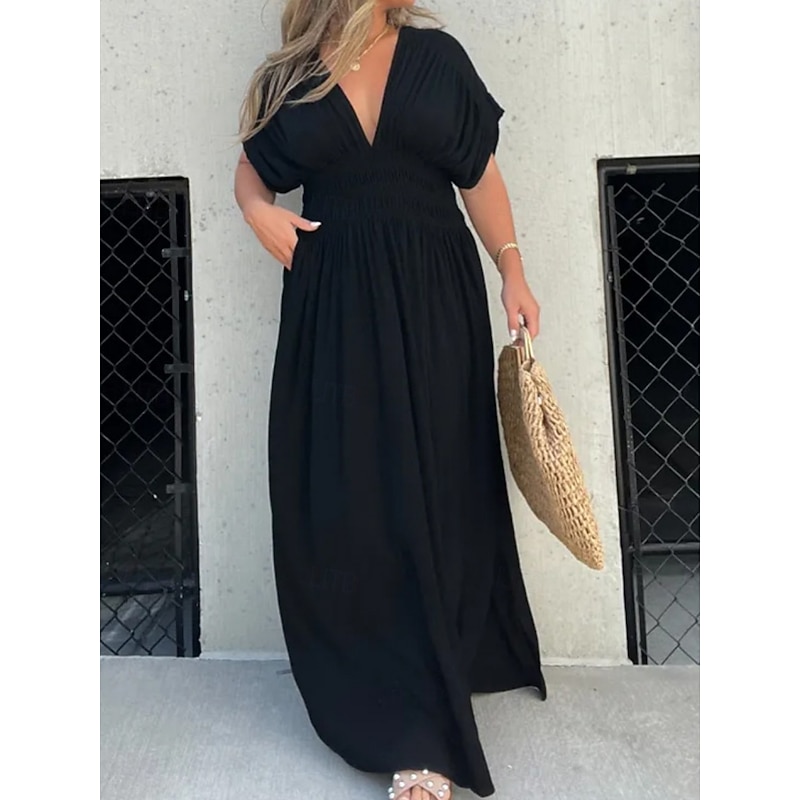 Women's Long Dress Maxi Dress White Dress Casual Dress Swing Dress Summer Dress Fashion Modern Daily Holiday Beach Regular Fit Plain Short Sleeve V Neck Burgundy Navy Blue Brown Apricot Summer3