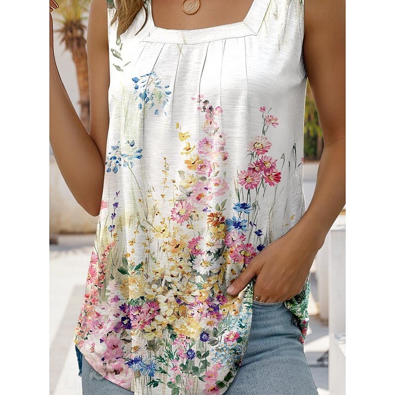 Women's Camisole Tank Top Floral Graphic Stylish Casual Sleeveless Square Neck Regular Tops Daily Holiday Ruched Print White Summer Spring3