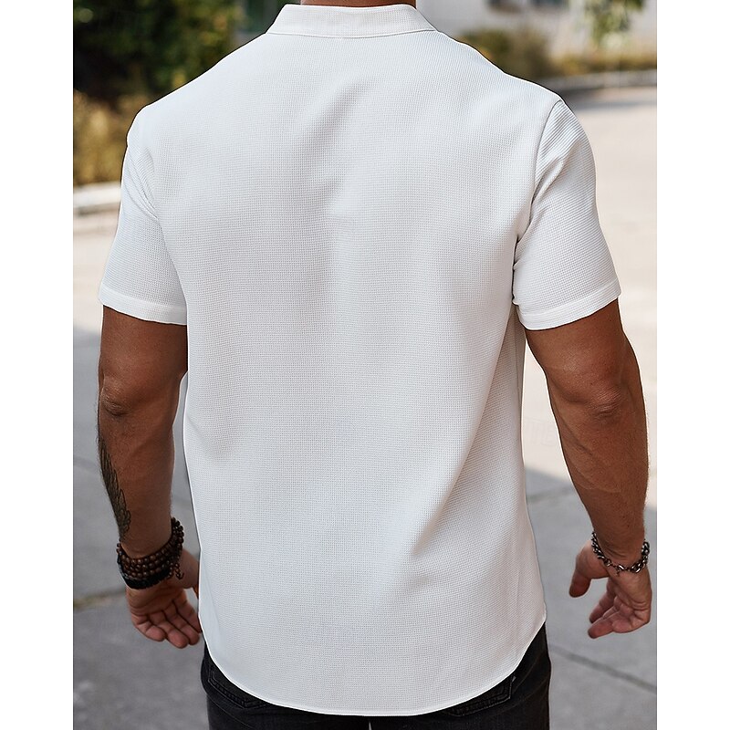 Men's Shirt Summer Shirt Casual Shirt Beach Shirt Button Up Shirt White Short Sleeve Plain Grandad Collar Stand Collar Vacation Hawaiian Button-Down Clothing Apparel Polyester Fashion Casual3