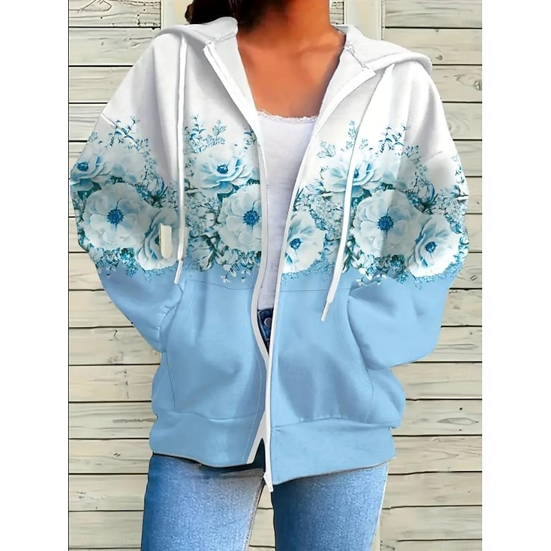 Women's Hooded Sweatshirt Jacket Long Sleeve Zip Up Hoodie With Pocket Lightweight Casual Micro-elastic Oversized Floral Active Vintage Sports Drawstring Front Pocket Pink Blue Fuchsia Green Fall4