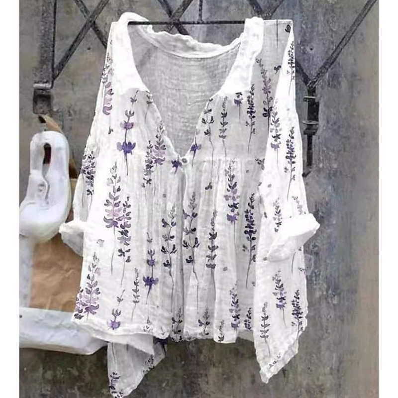 Women's Blouse Floral Stylish Casual 3/4 Length Sleeve V Neck Regular Tops Daily Holiday Beach Wear Tie Front Print White Pink Purple Khaki Beige Summer Spring