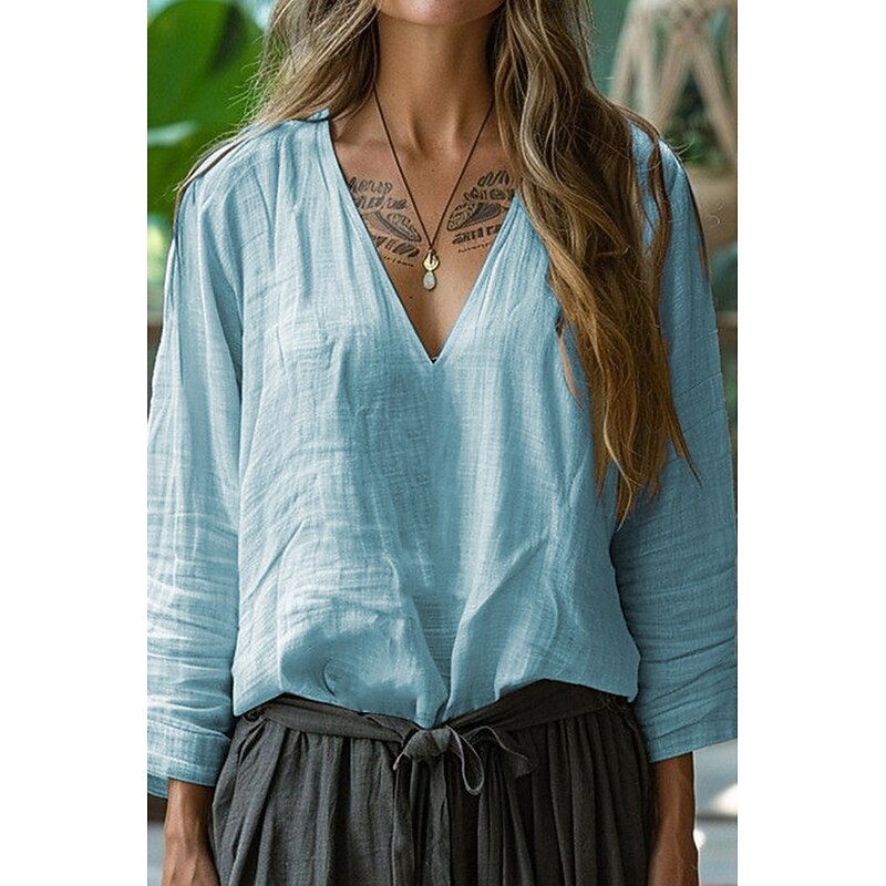 Women's Shirt Blouse Cotton Linen Shirts Plain Basic Modern Long Sleeve V Neck Regular Tops Daily Holiday Going out Pink Army Green Camel Light Blue Summer4