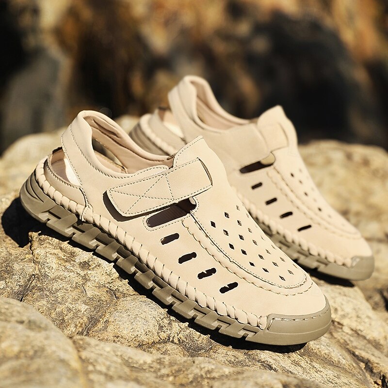 Men's Beige Slip-On Sandals with Perforated Design and Cushioned Sole for Casual Walks and Beachwear2